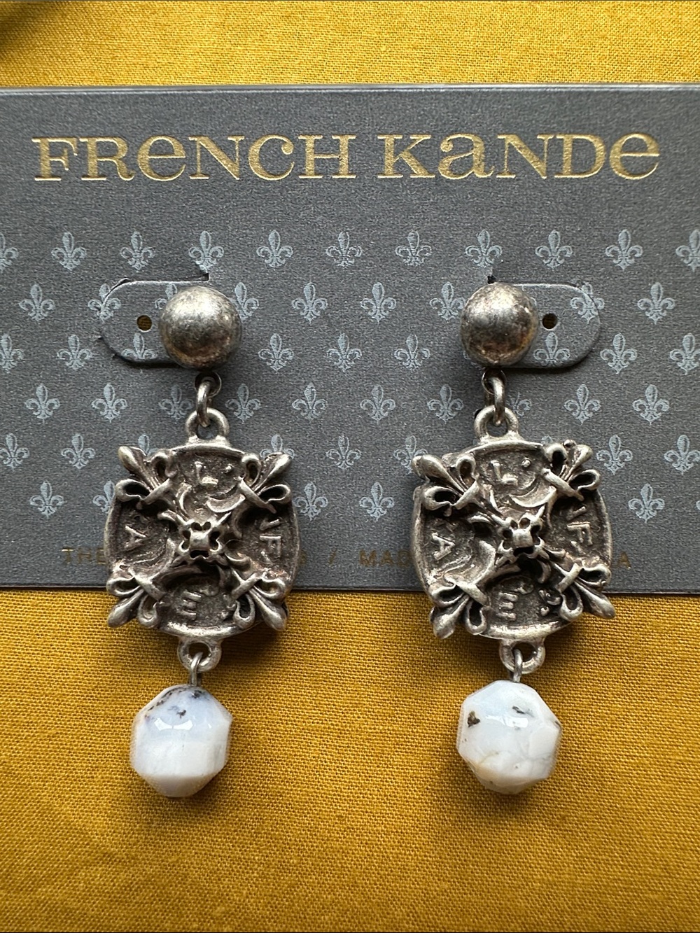 French Kande Silver-Tone Coin Drop Earrings with White Bead